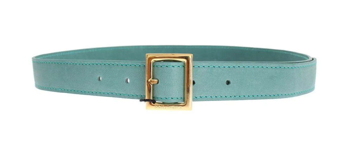 Green Leather Gold Buckle Logo Belt