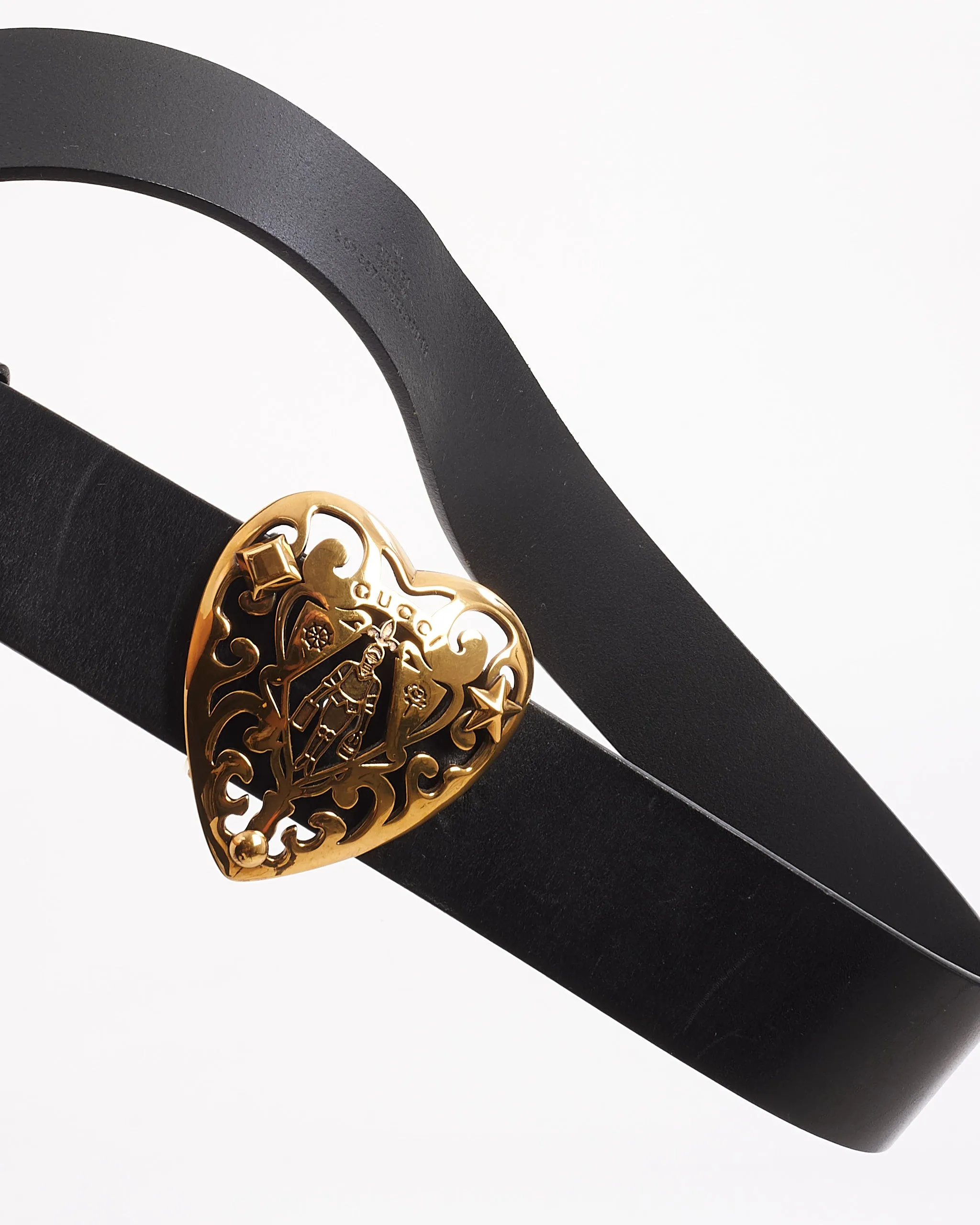 Gucci Black Leather Gold Heart Crest Buckle Belt 90/36