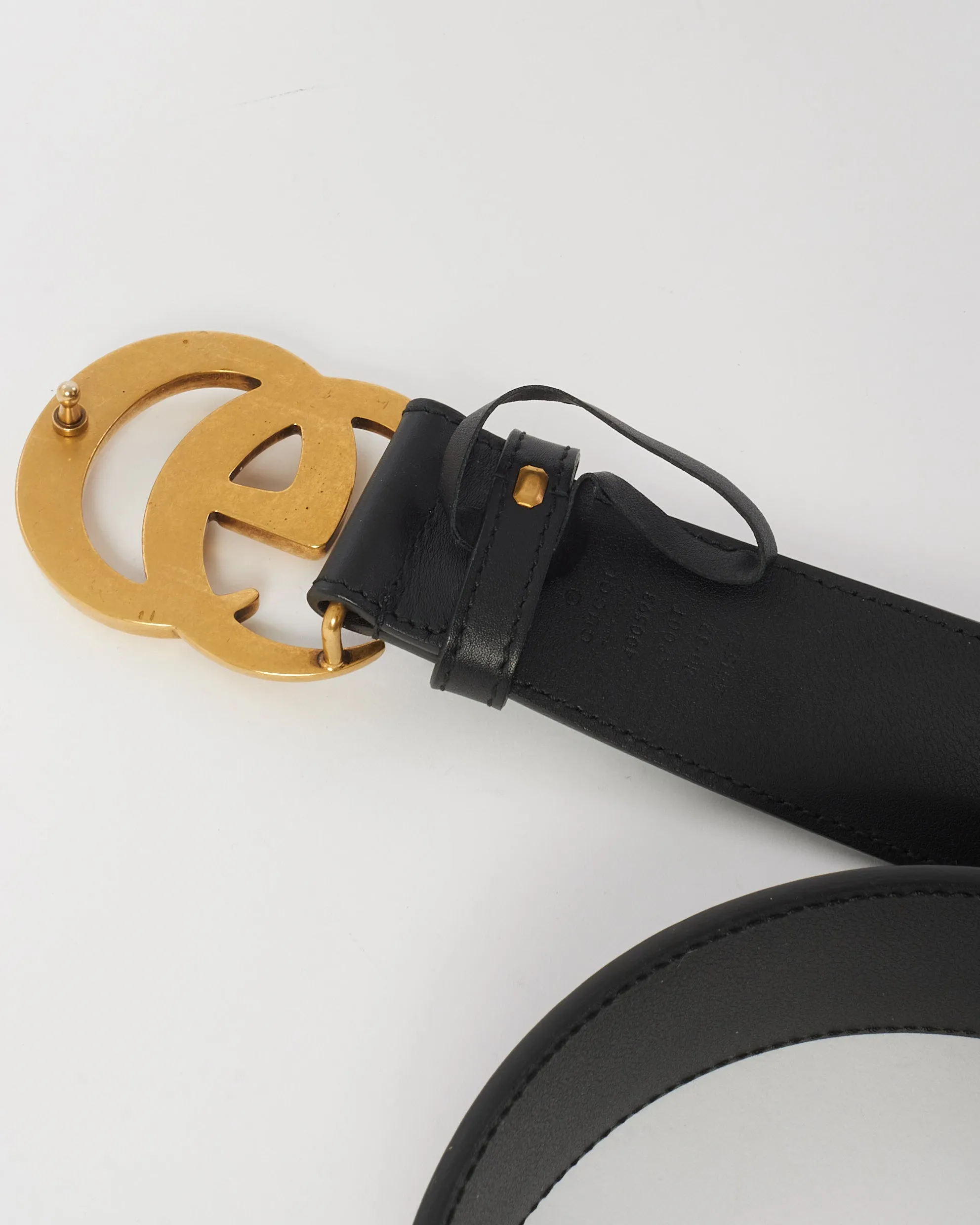 Gucci Black Smooth Leather Brushed Gold Double GG Marmont Belt - 80/32