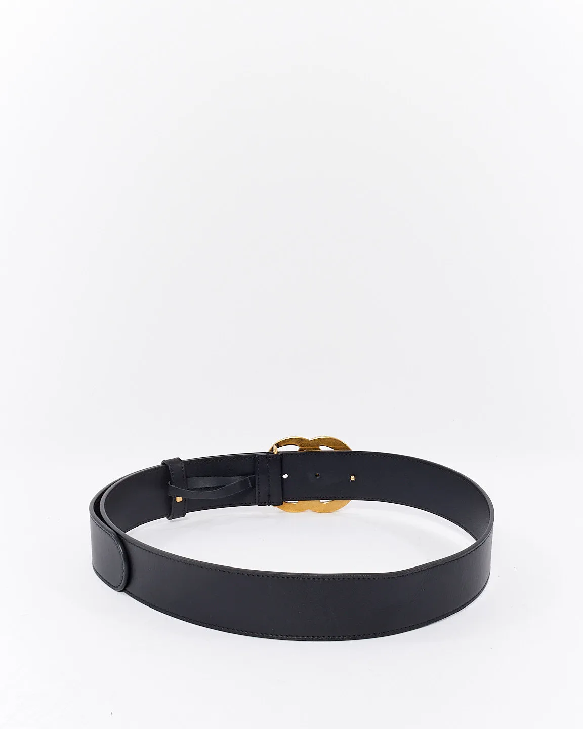Gucci Black Smooth Leather Brushed Gold Double GG Marmont Belt - 85/30