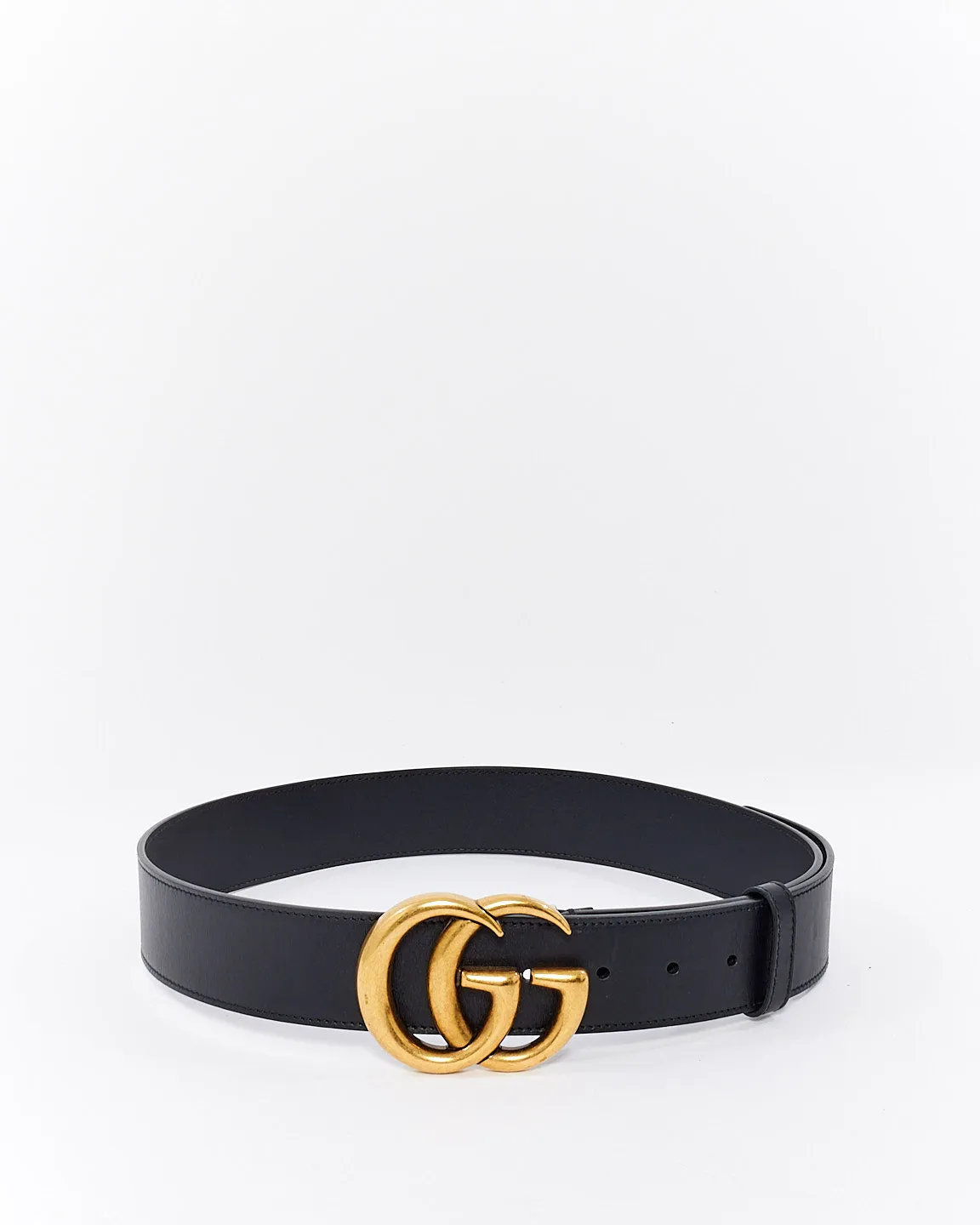 Gucci Black Smooth Leather Brushed Gold Double GG Marmont Belt - 85/30