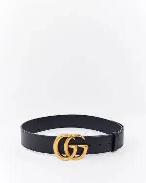Gucci Black Smooth Leather Brushed Gold Double GG Marmont Belt - 85/30