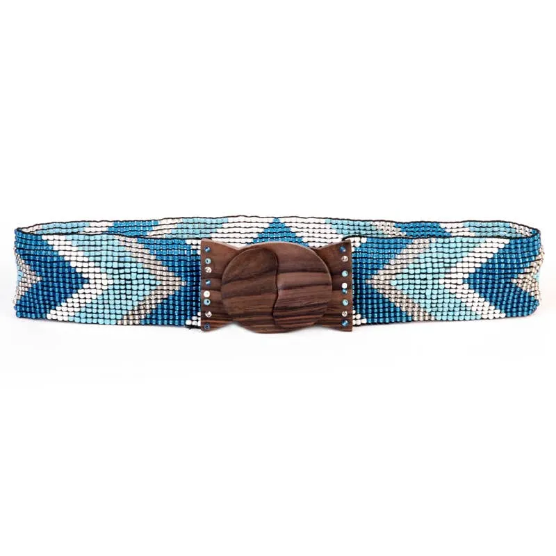 Hand loomed glass bead belt wood scroll arrow blue belts