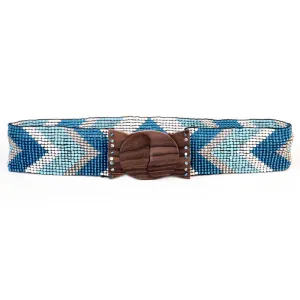 Hand loomed glass bead belt wood scroll arrow blue belts