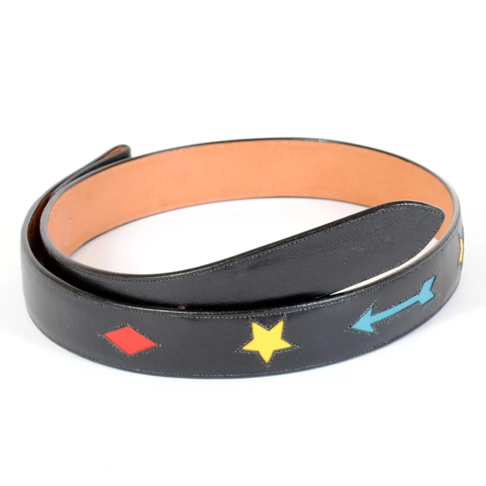 Handmade Black Belt with Colorful Inlaid Designs sz 42-1/2"