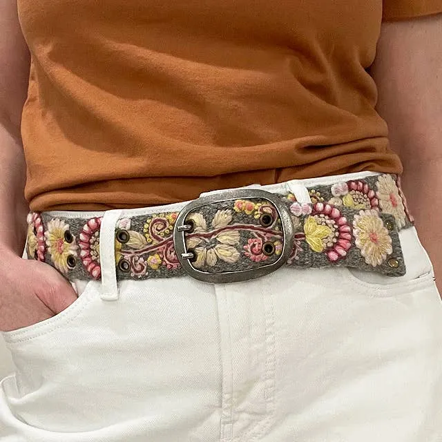Heather Gray Floral Embroidered Wool Belt