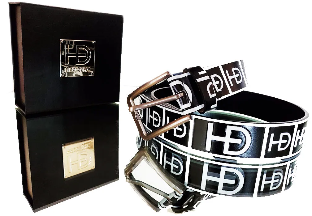 HEED NYC Classic Black & White Genuine Leather "HD" Embossed Belt