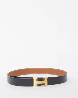 Hermès Gold/Black Reversible Leather 32 MM H Belt - 85