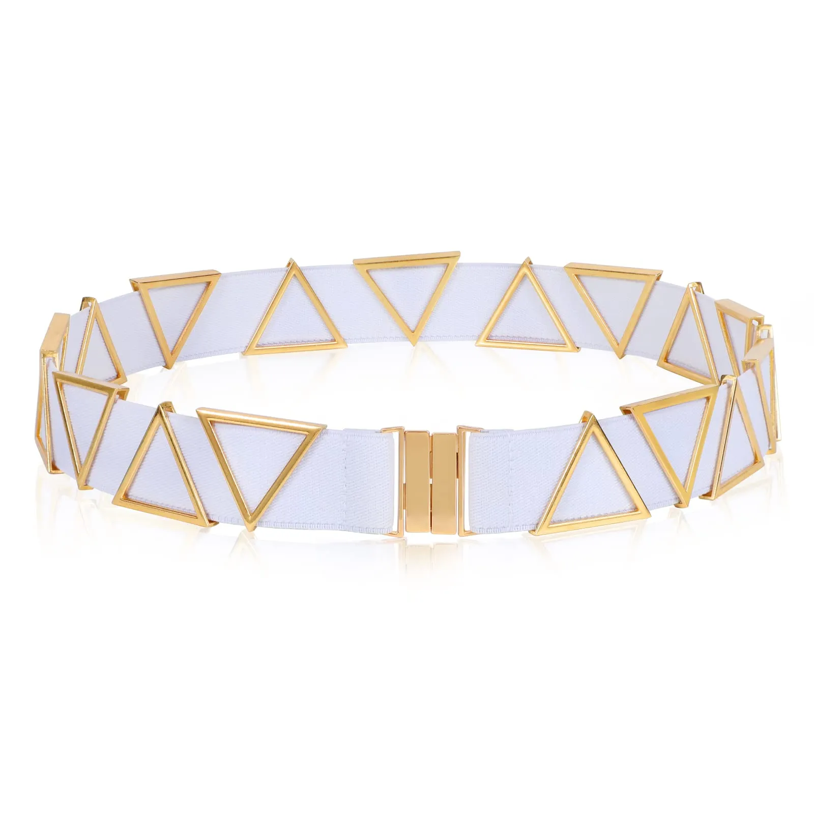 High Waist Elastic Belt ,Women Stretch Belt Flat Gold Buckle with Triangle Metal