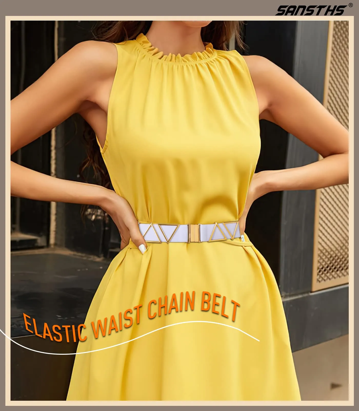 High Waist Elastic Belt ,Women Stretch Belt Flat Gold Buckle with Triangle Metal