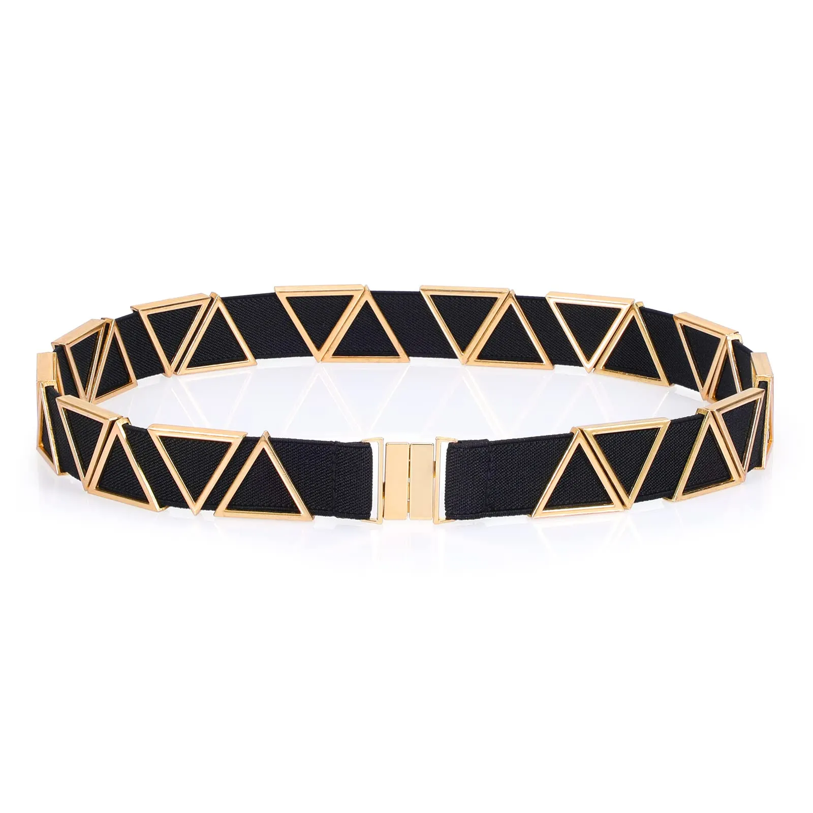 High Waist Elastic Belt ,Women Stretch Belt Flat Gold Buckle with Triangle Metal