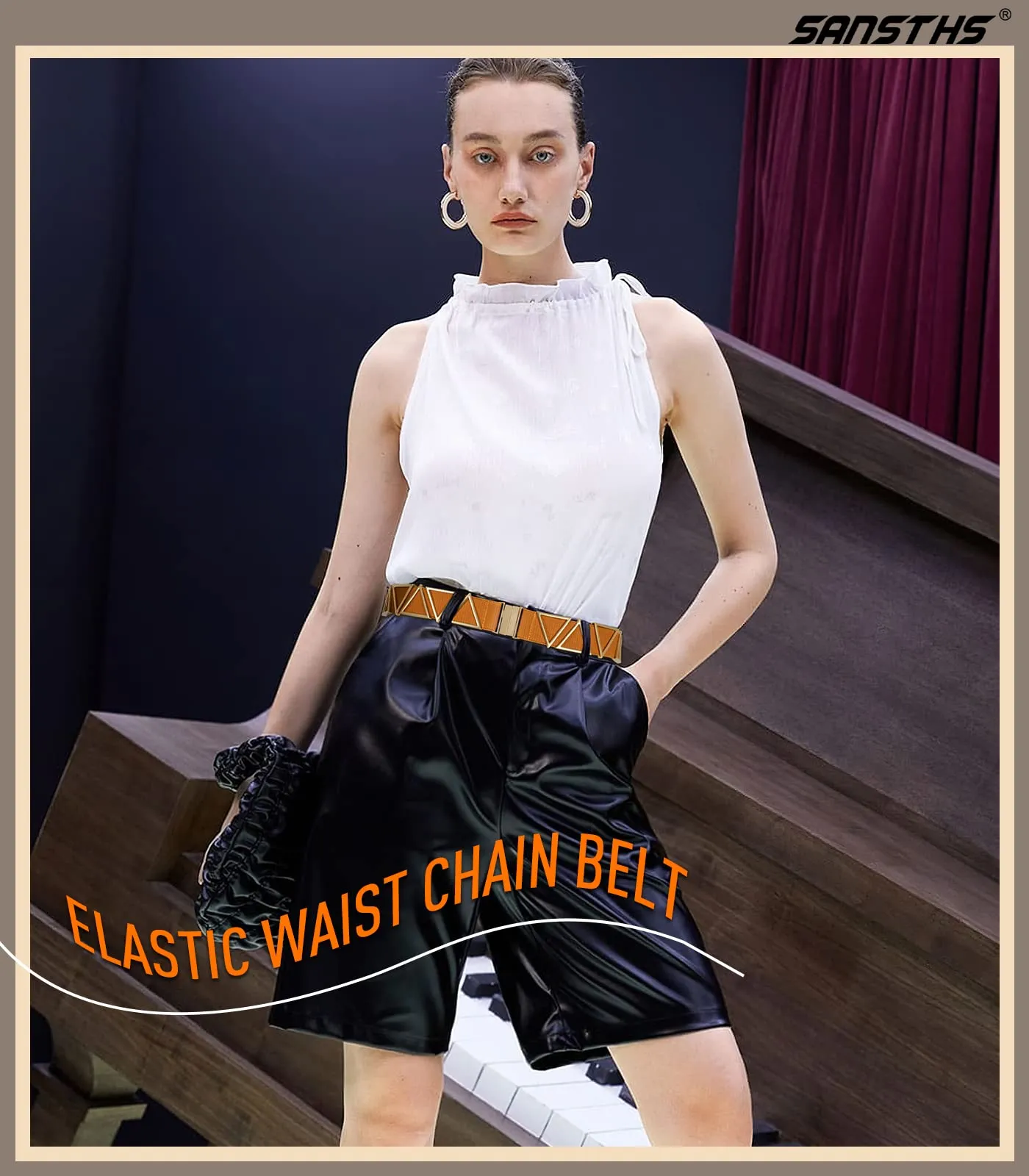 High Waist Elastic Belt ,Women Stretch Belt Flat Gold Buckle with Triangle Metal