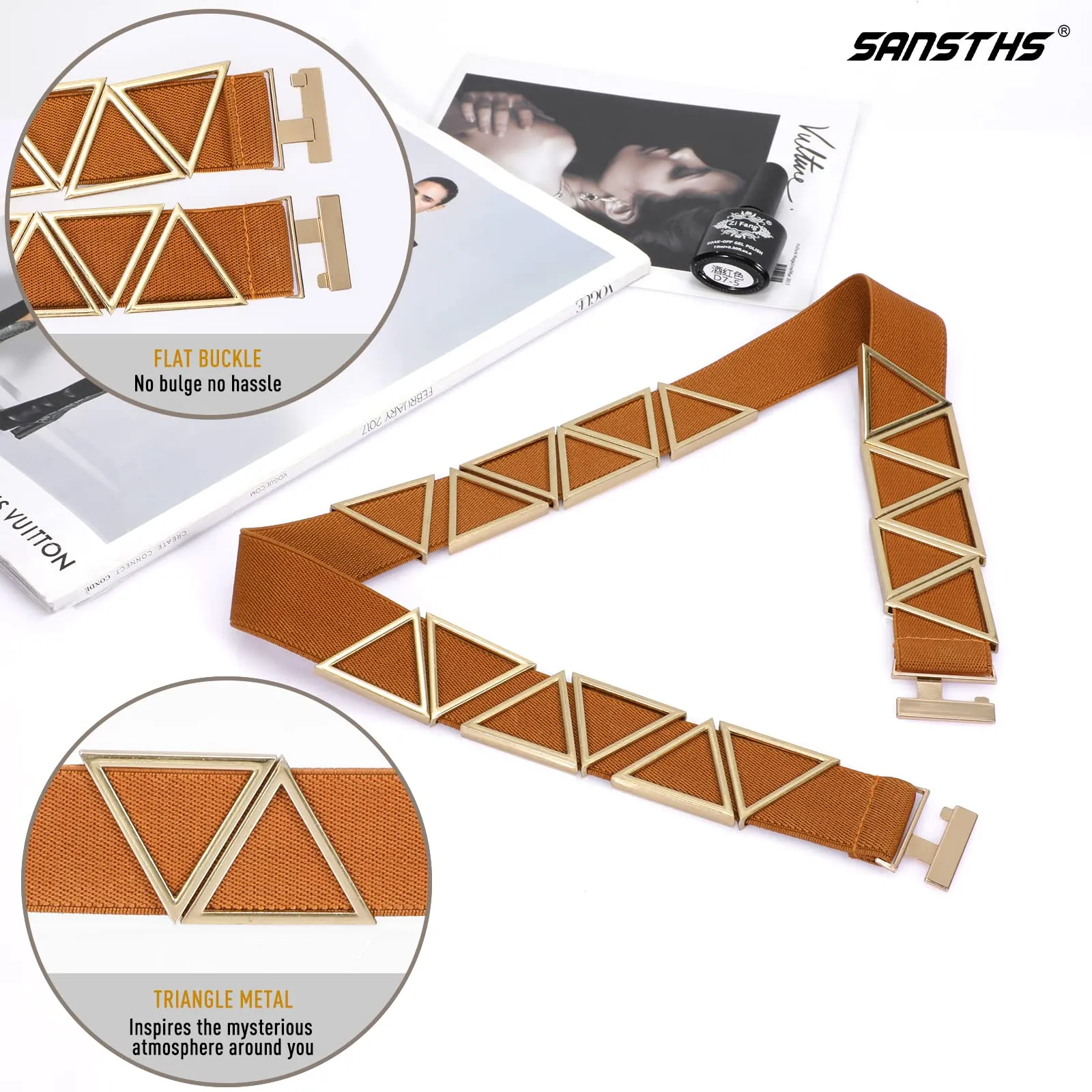 High Waist Elastic Belt ,Women Stretch Belt Flat Gold Buckle with Triangle Metal
