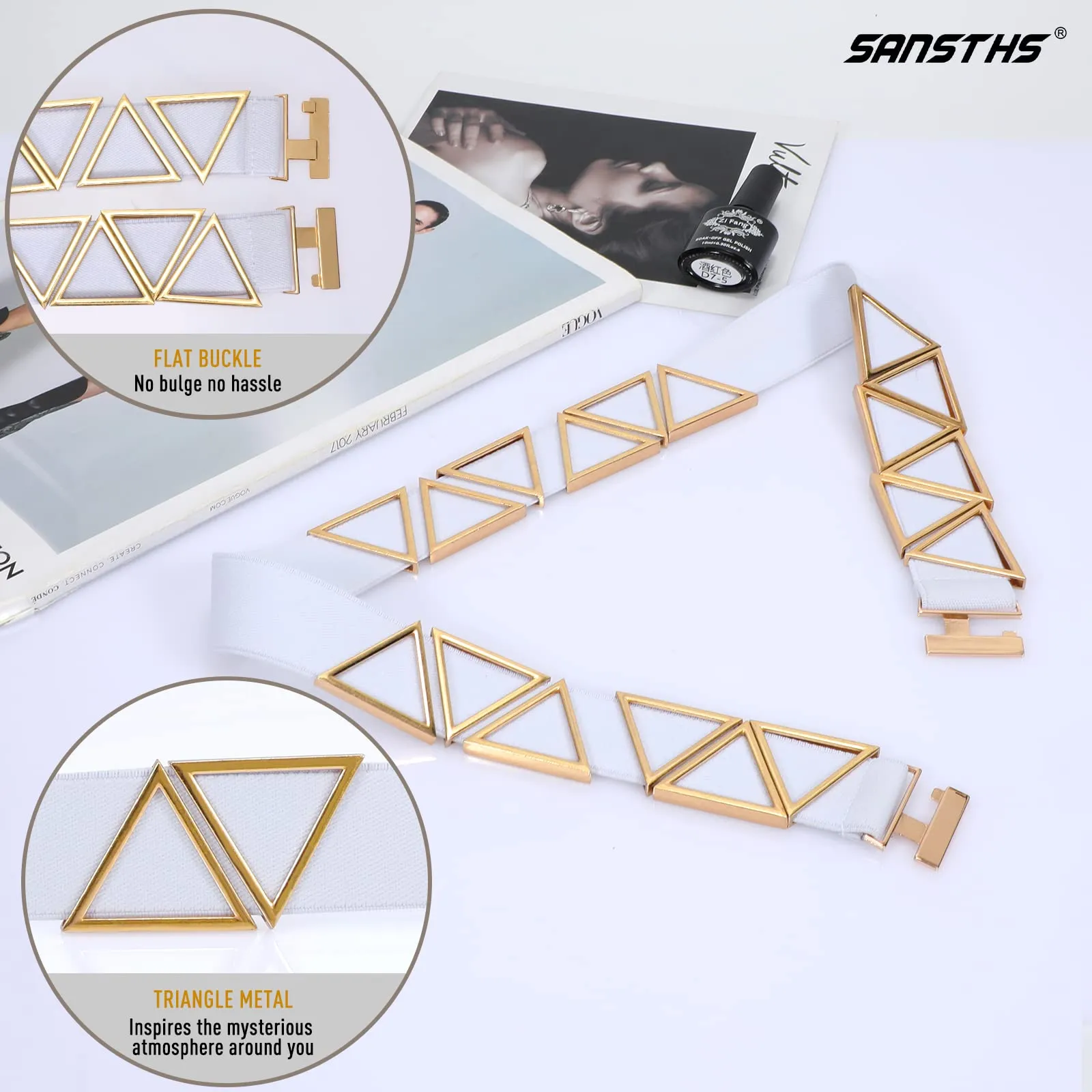 High Waist Elastic Belt ,Women Stretch Belt Flat Gold Buckle with Triangle Metal