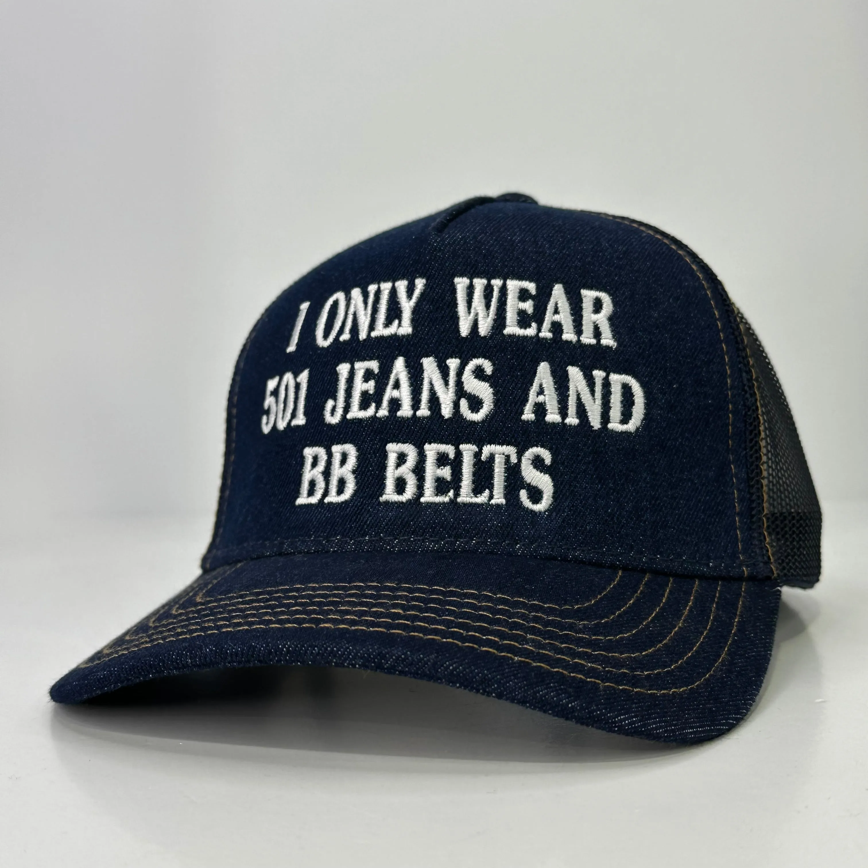 I ONLY WEAR 501 JEANS AND BB BELTS Denim Mesh SnapBack Funny Trucker Cap Hat Custom Embroidered TIKTOK SHOP USA