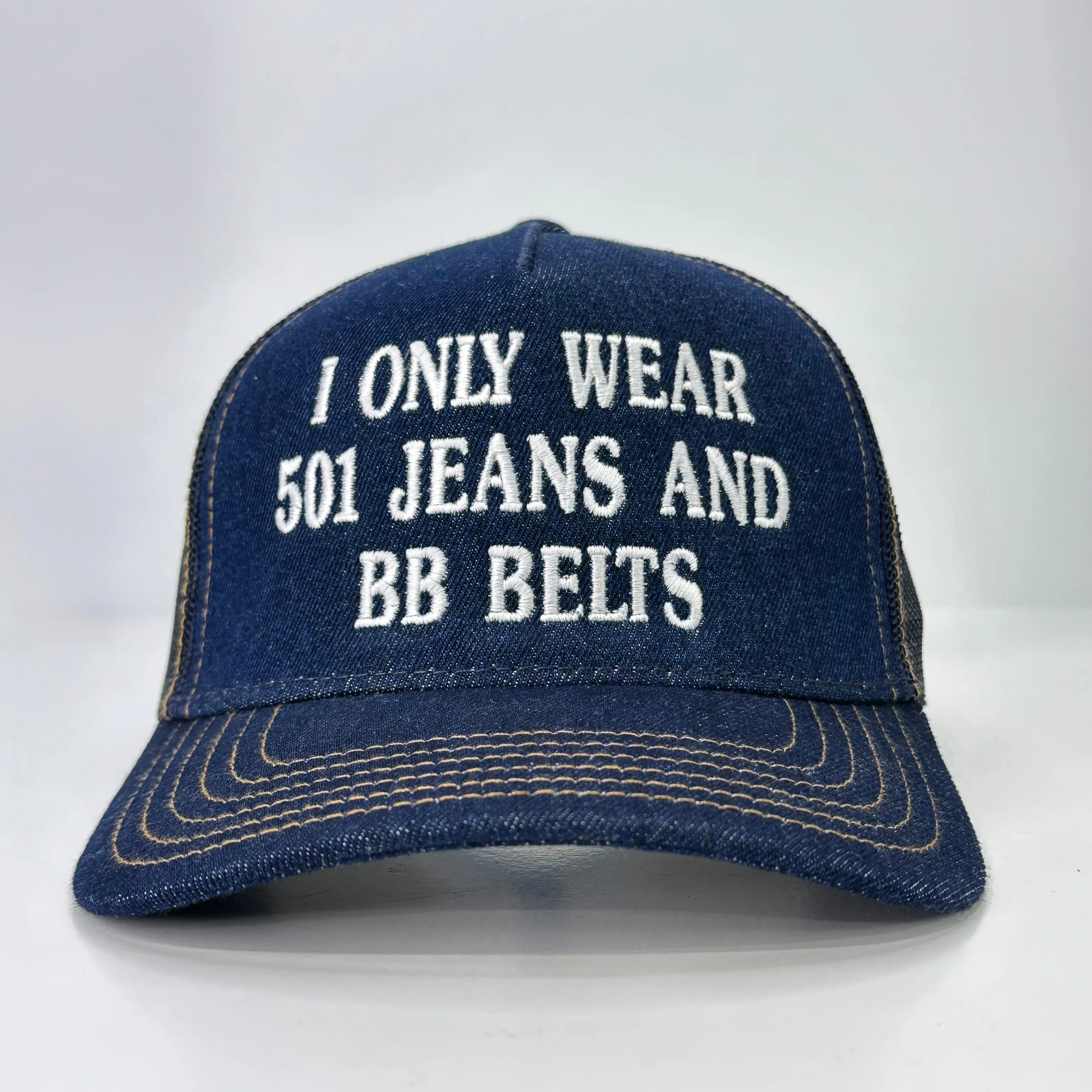I ONLY WEAR 501 JEANS AND BB BELTS Denim Mesh SnapBack Funny Trucker Cap Hat Custom Embroidered TIKTOK SHOP USA