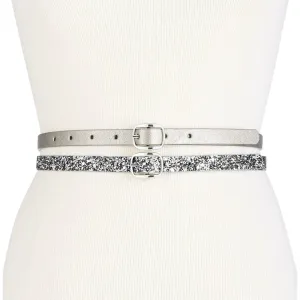 INC International Concepts Women's Set of 2 Reversible Glitter and Lace Skinny Belts