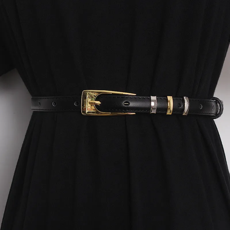 INSTOCK- pin buckle two-layer cowhide decorative thin belt for