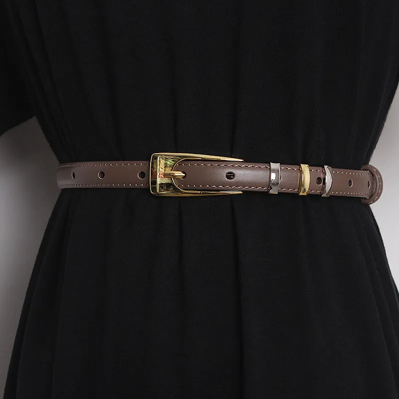 INSTOCK- pin buckle two-layer cowhide decorative thin belt for