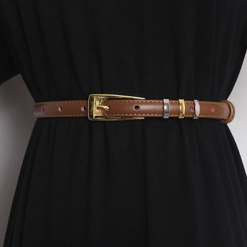 INSTOCK- pin buckle two-layer cowhide decorative thin belt for