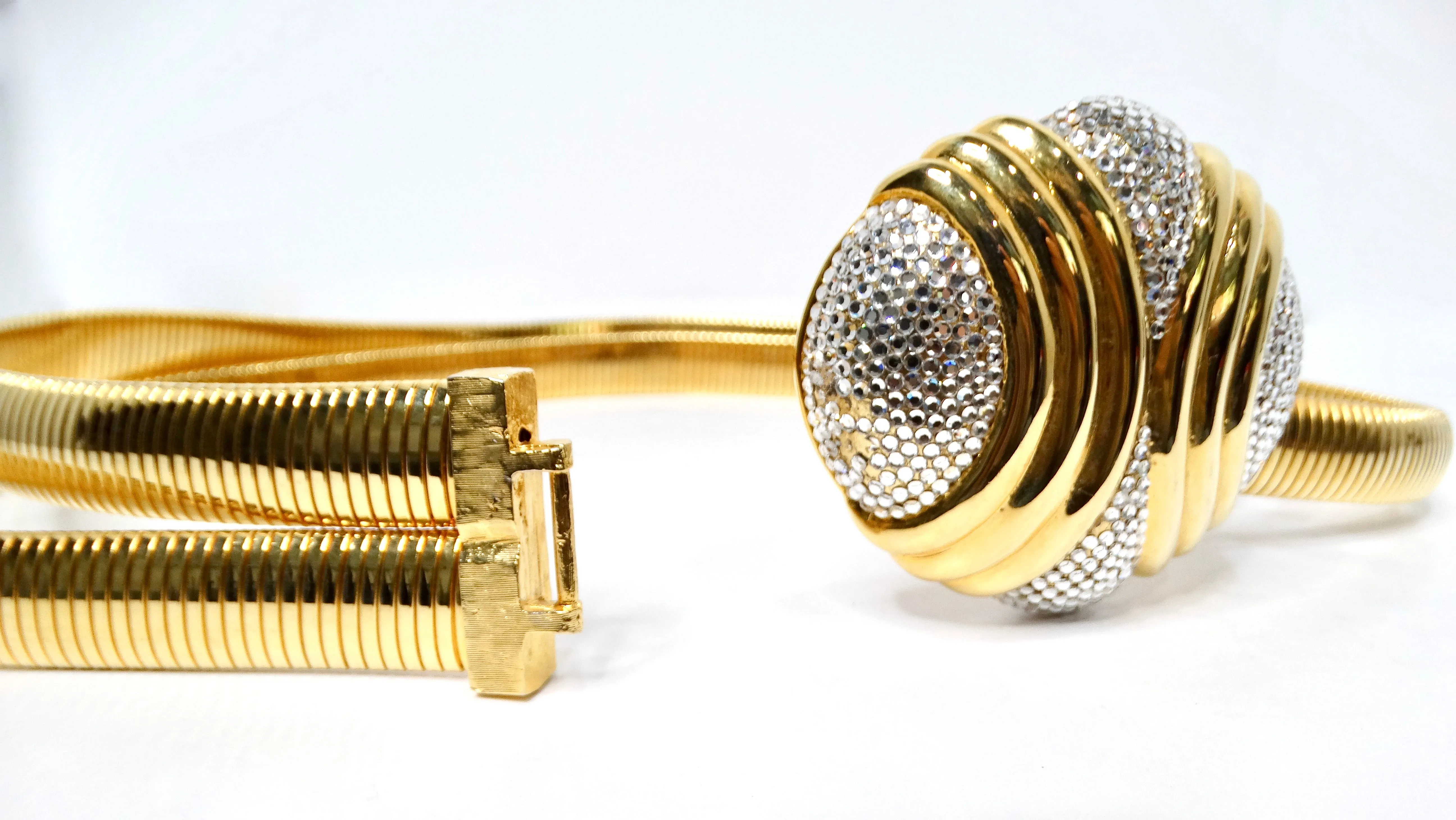 Judith Leiber 1980s Gold-Tone Stretch Double Belt With Rhinestone Buckle