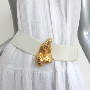 Judith Leiber Gold Man Buckle Wide Belt Cream Leather One Size