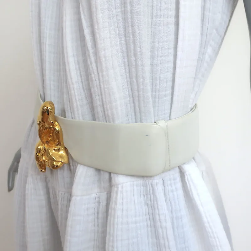 Judith Leiber Gold Man Buckle Wide Belt Cream Leather One Size