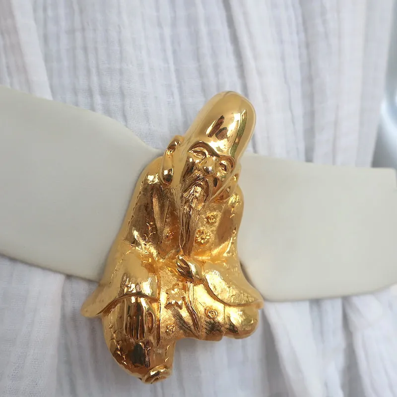 Judith Leiber Gold Man Buckle Wide Belt Cream Leather One Size