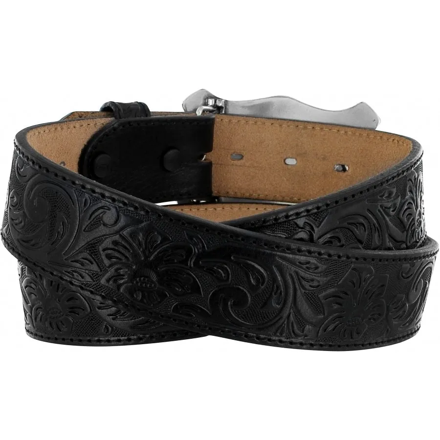 Justin Black Floral Tooled Belt with Black/Silver Longhorn Buckle