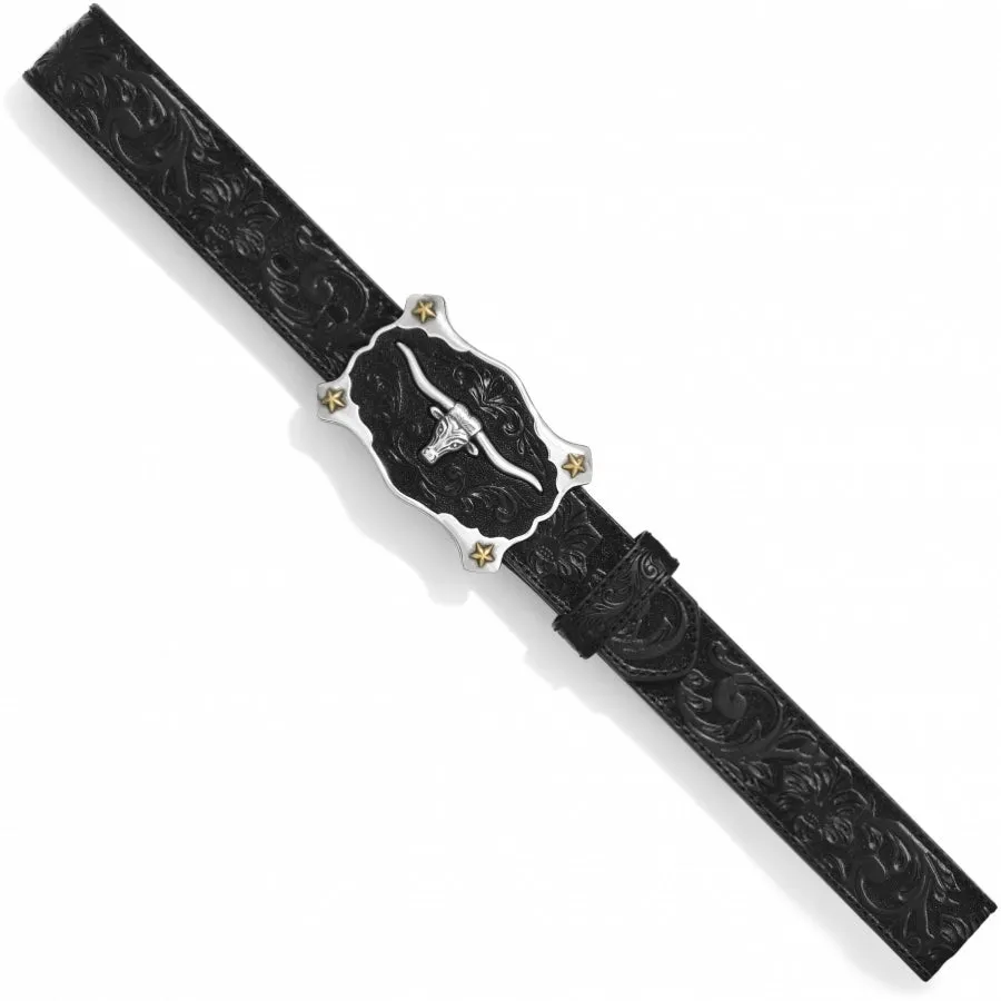 Justin Black Floral Tooled Belt with Black/Silver Longhorn Buckle