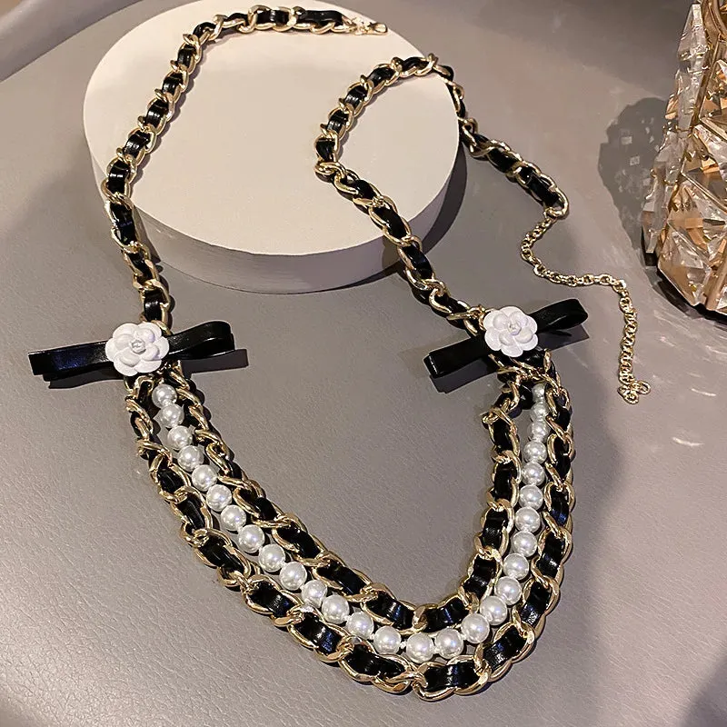 Korea Trendy Waist Chain Camellia Pearl Leather