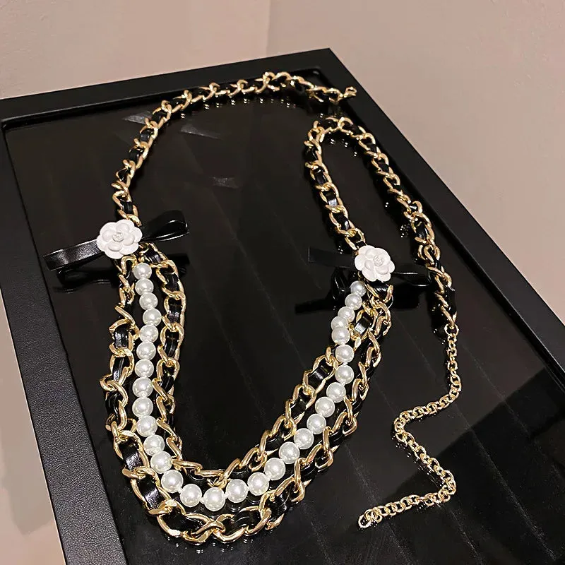 Korea Trendy Waist Chain Camellia Pearl Leather
