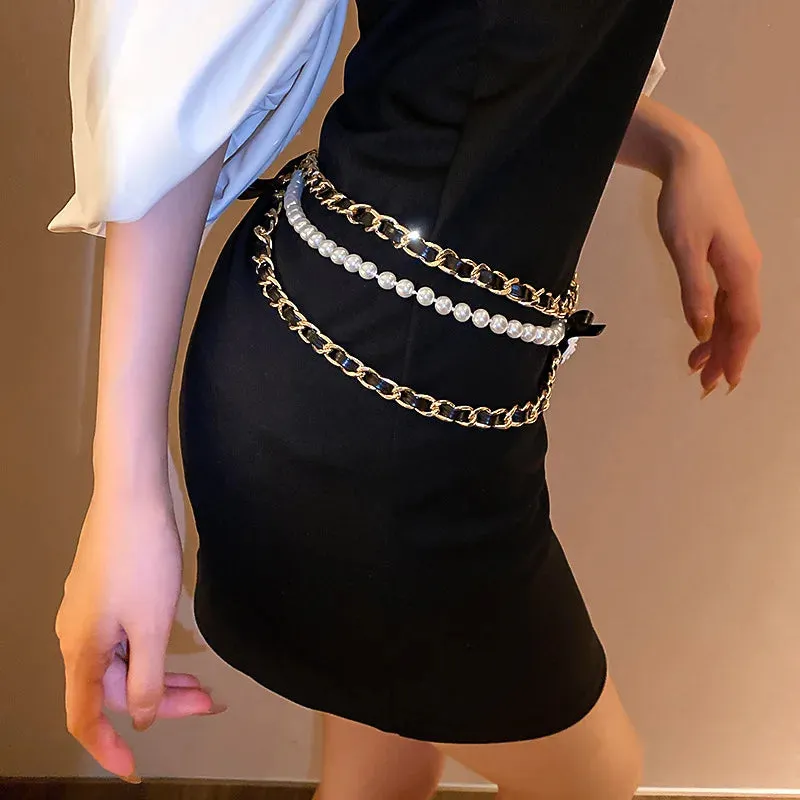 Korea Trendy Waist Chain Camellia Pearl Leather