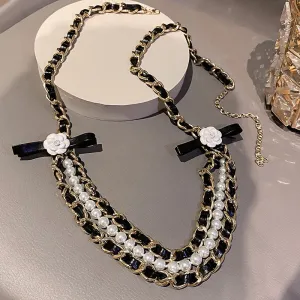 Korea Trendy Waist Chain Camellia Pearl Leather