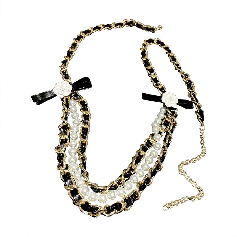 Korea Trendy Waist Chain Camellia Pearl Leather