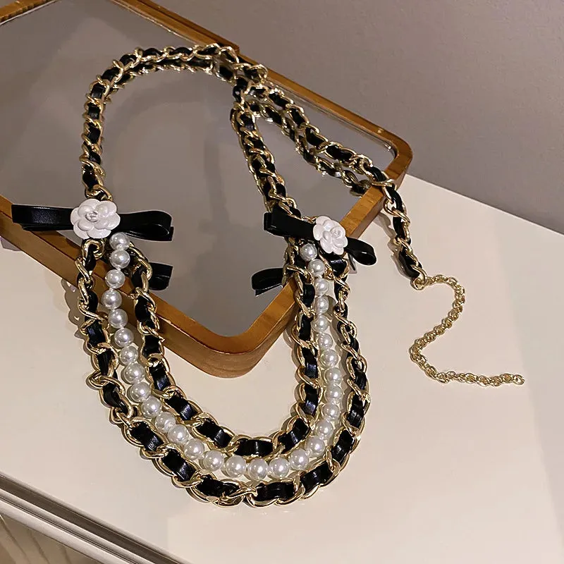 Korea Trendy Waist Chain Camellia Pearl Leather