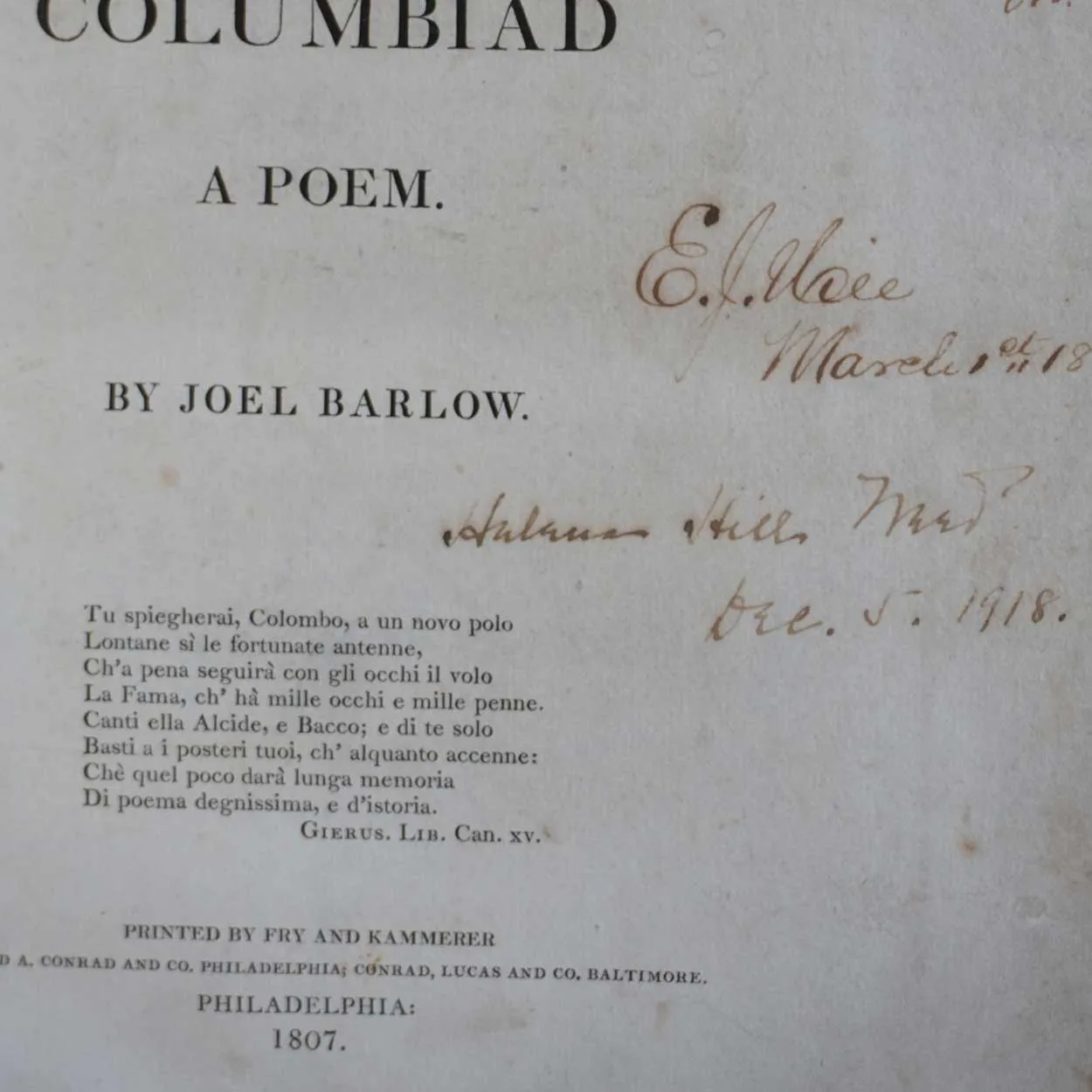 Large Leather Bound 1st Edition Book: The Columbiad, A Poem by Joel Barlow
