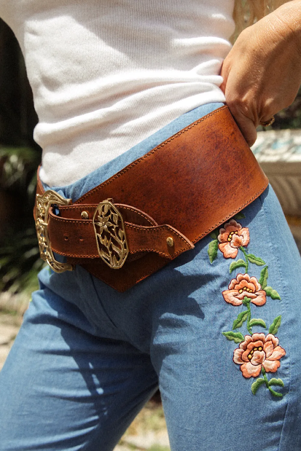 Leather And Brass Flower Belt