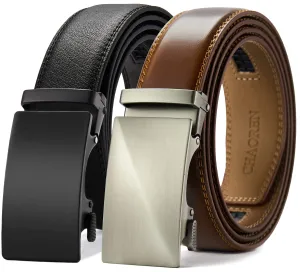 Leather Ratchet Belt Men 2 Pack Black/Brushed Cognac Color - Customizable Fit, Effortless Style (35mm)