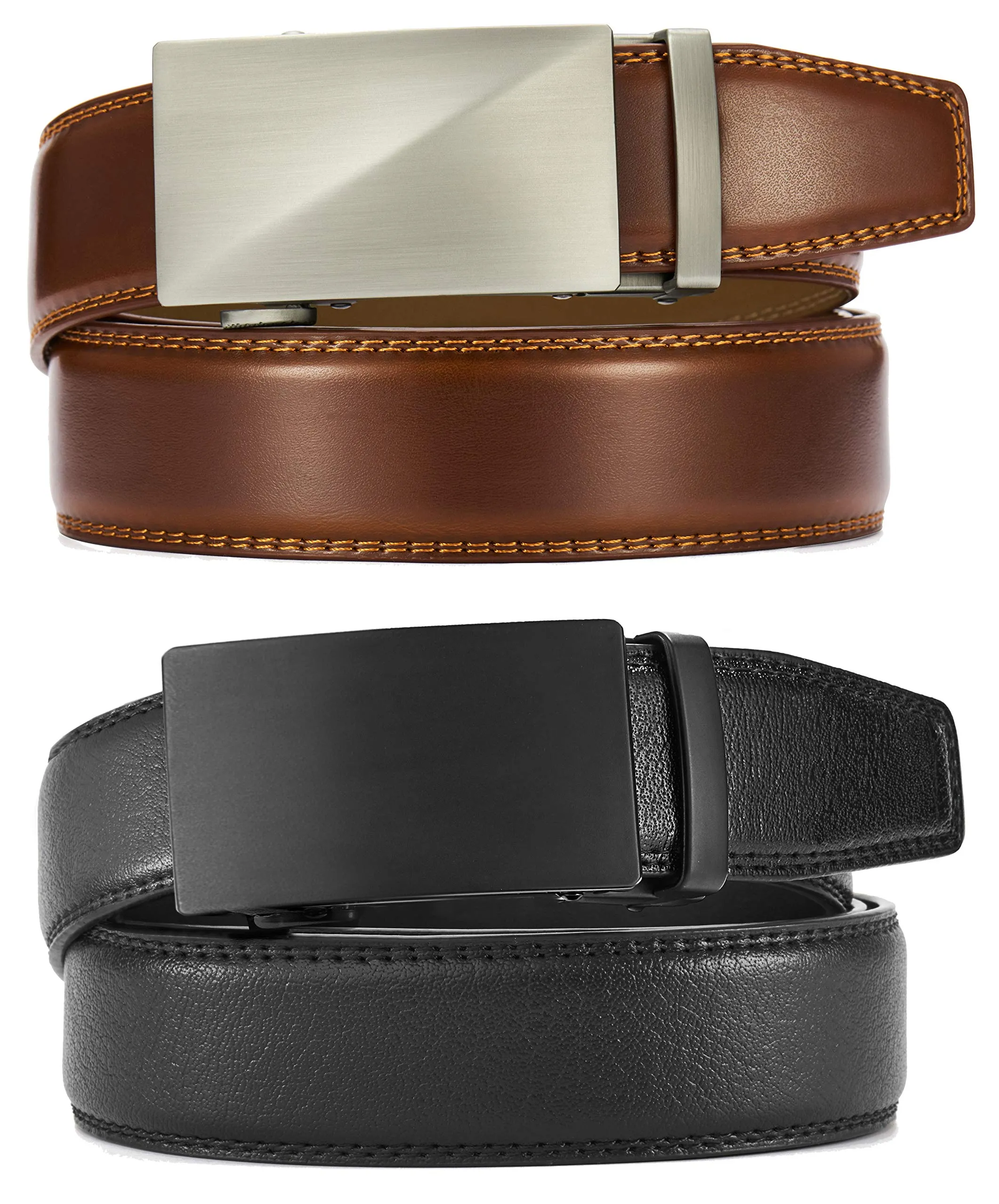 Leather Ratchet Belt Men 2 Pack Black/Brushed Cognac Color - Customizable Fit, Effortless Style (35mm)