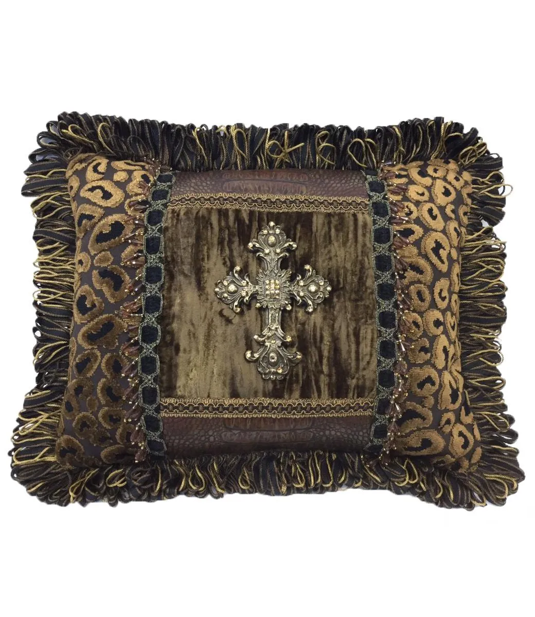Leopard Accent Pillow with Jeweled Cross 14x18