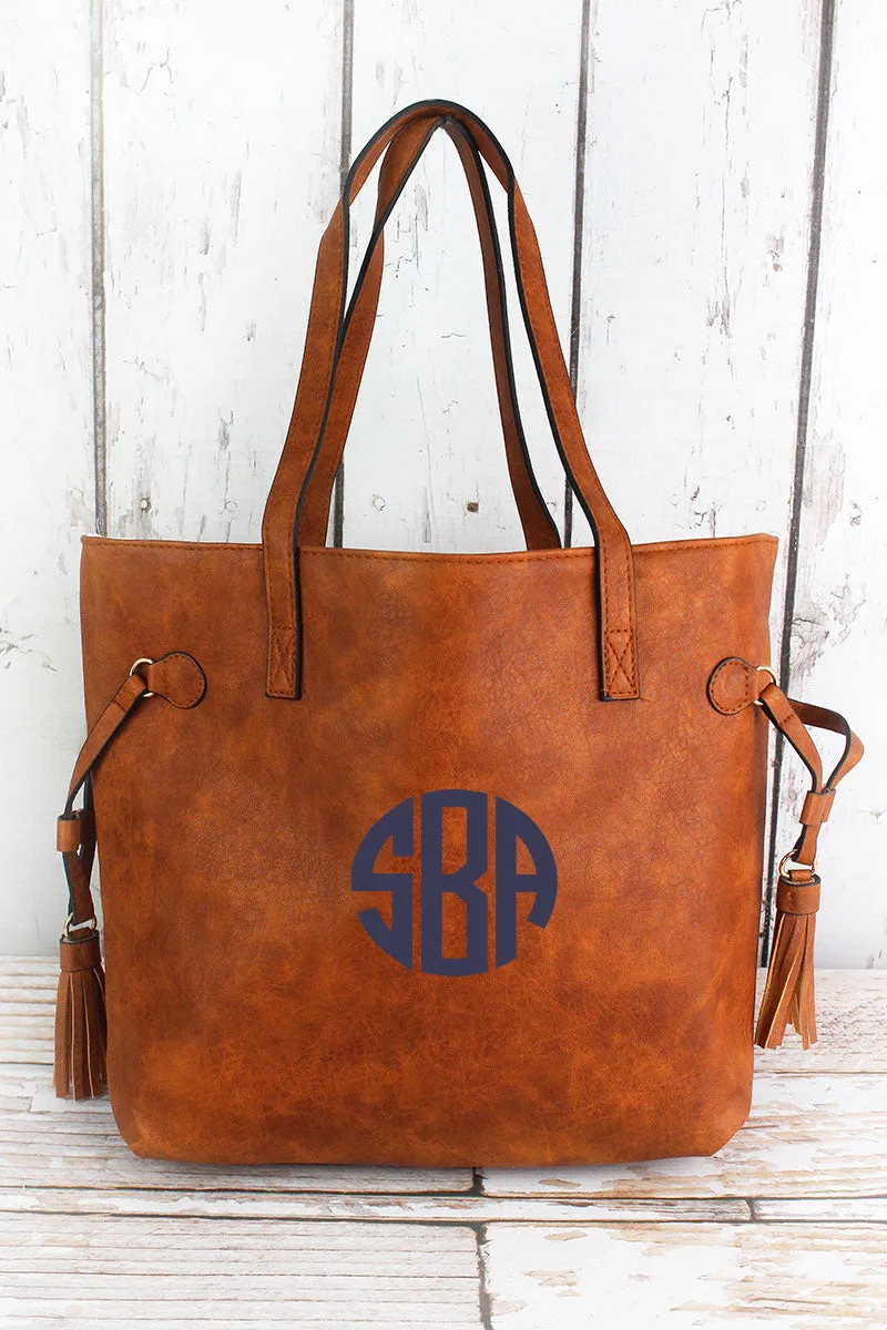 Light Brown Faux Leather Side Tassel Tote