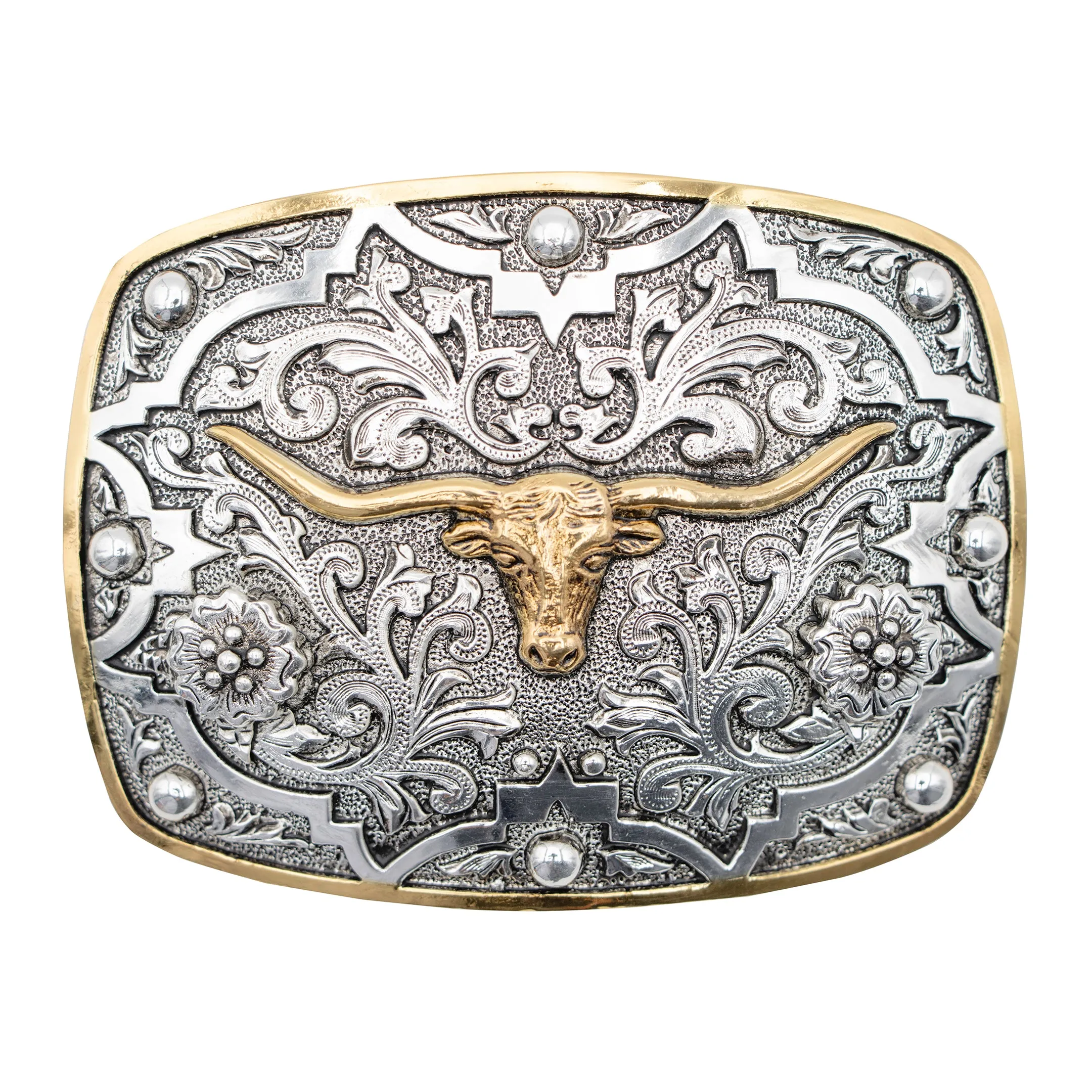 Longhorn and Beads with Gold Border Buckle