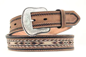 Men's Brown Laced Belt with Braiding and Aztec Embroidered Inlay from Nocona Belt Company