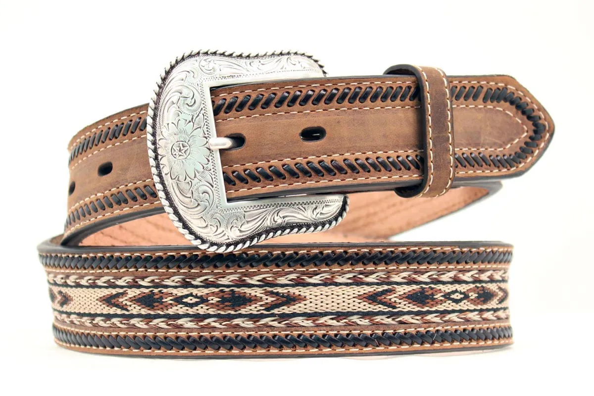 Men's Brown Laced Belt with Braiding and Aztec Embroidered Inlay from Nocona Belt Company