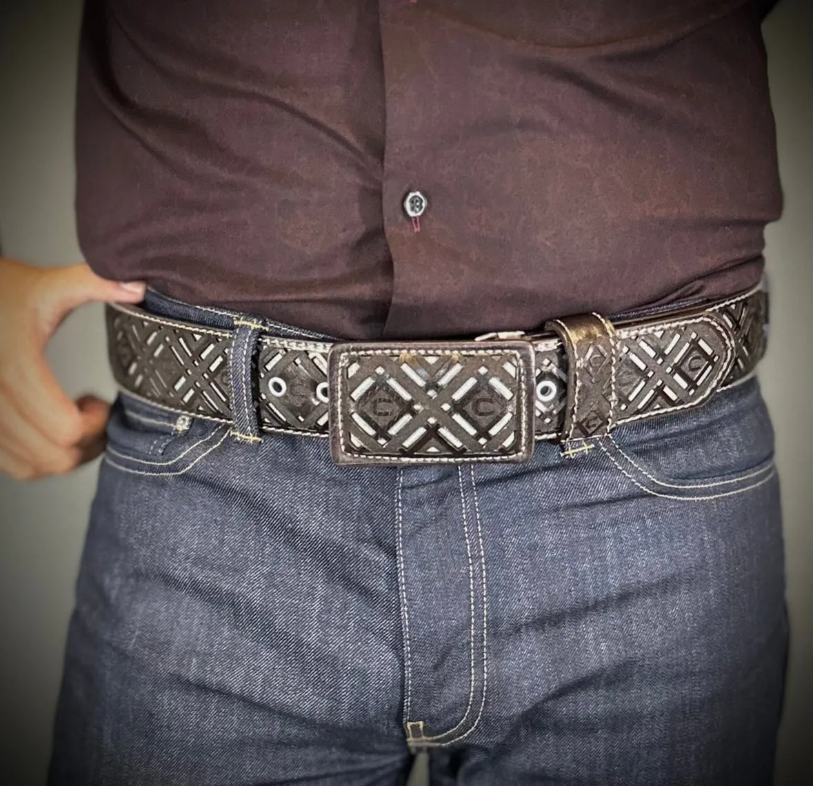 Men's Brown Silver Laser Western Belt