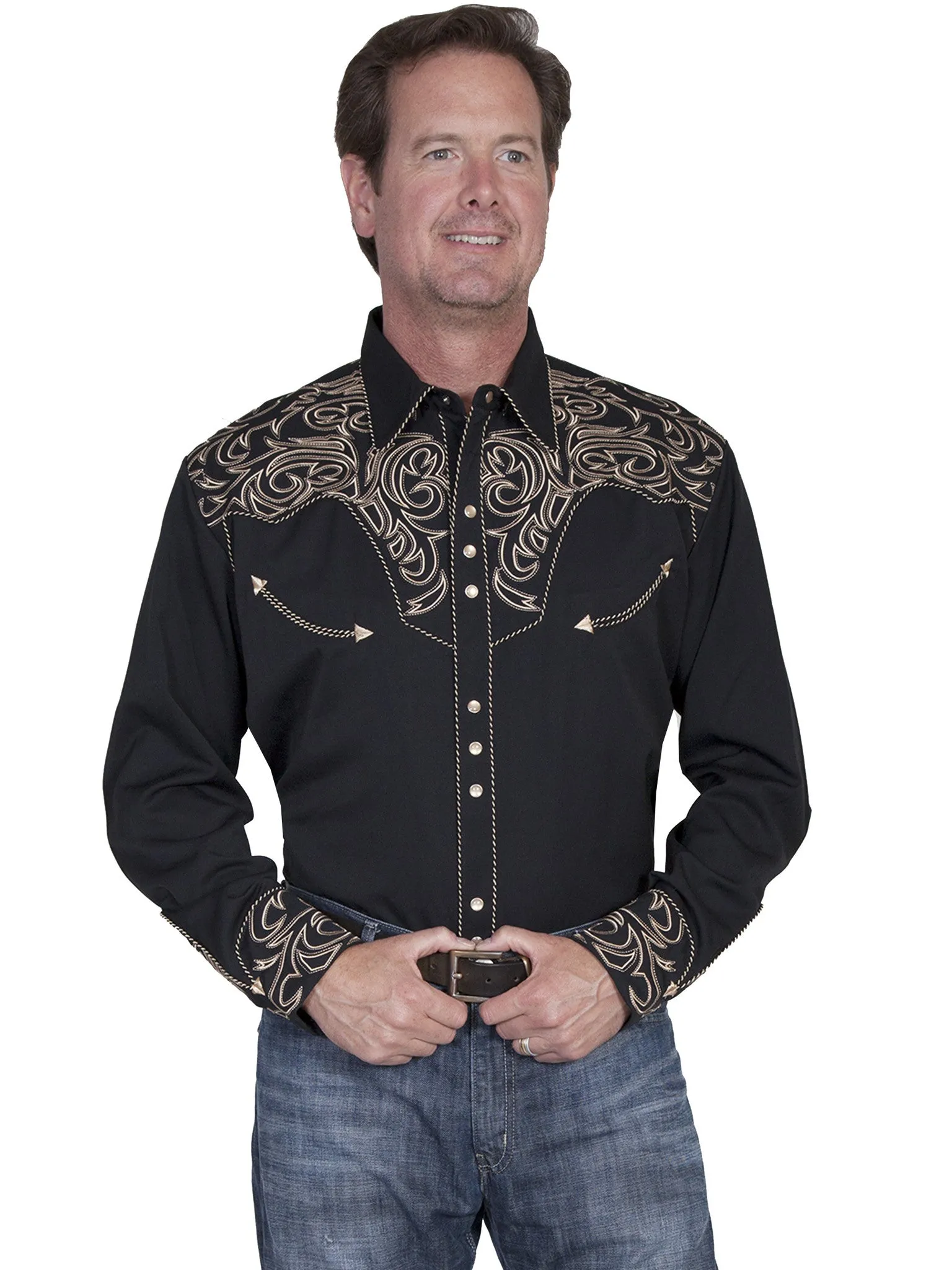 Men's Vintage Western Shirt Collection: Scully Embroidered Scroll Black & Cream