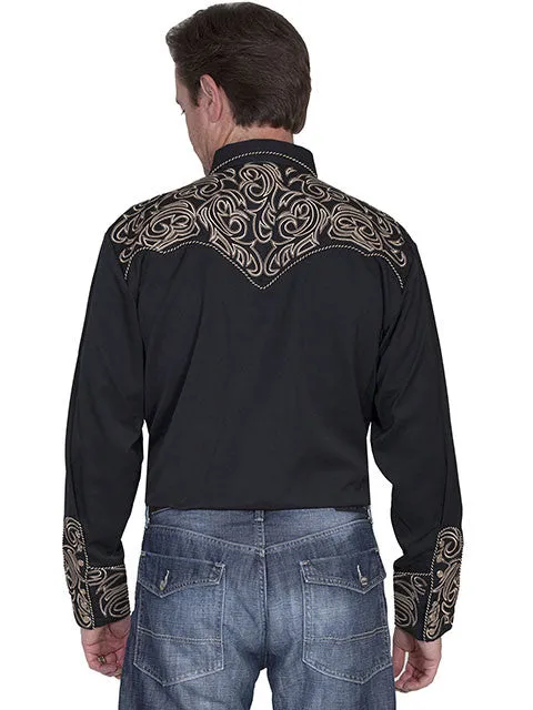 Men's Vintage Western Shirt Collection: Scully Embroidered Scroll Black & Cream