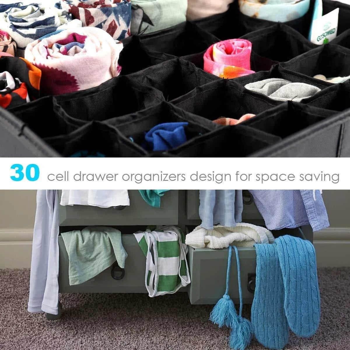 MIFXIN Underwear Socks Storage Organizer Drawer Divider 30 Cell Foldable Closet Drawer Organizer Storage Box Bin for Socks Bras Underwear Ties with Dust/Moisture Proof Cover (Black)