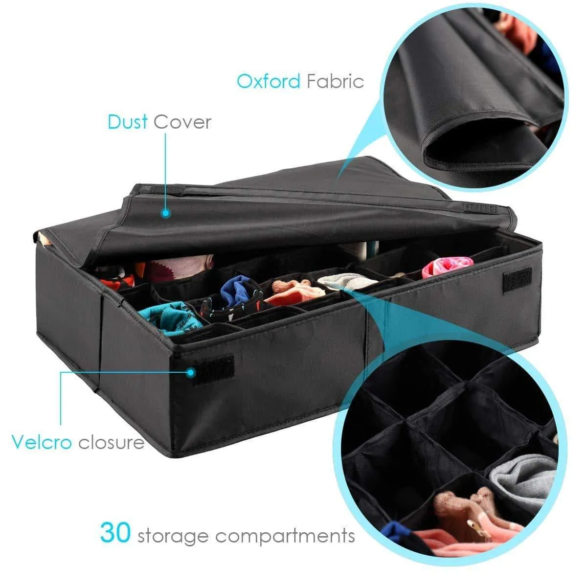 MIFXIN Underwear Socks Storage Organizer Drawer Divider 30 Cell Foldable Closet Drawer Organizer Storage Box Bin for Socks Bras Underwear Ties with Dust/Moisture Proof Cover (Black)